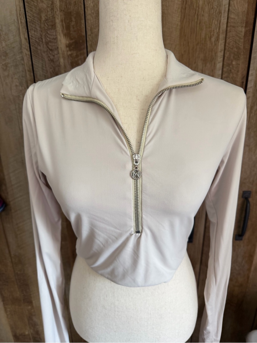 Meshki Half-Zip Cropped Long Sleeve Top in Light Taupe